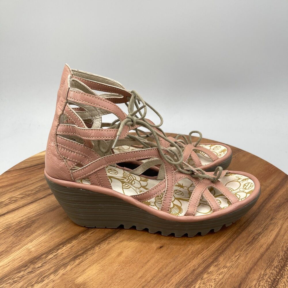 Fly London Sandals Womens Size 8 / 39 Pink Leather Ankle Tie Casual